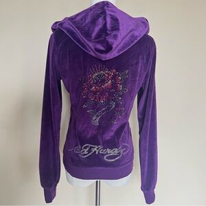 Ed Hardy Y2K Purple Velour Rhinestone Zip Up Hoodie Rose Dragon Size M